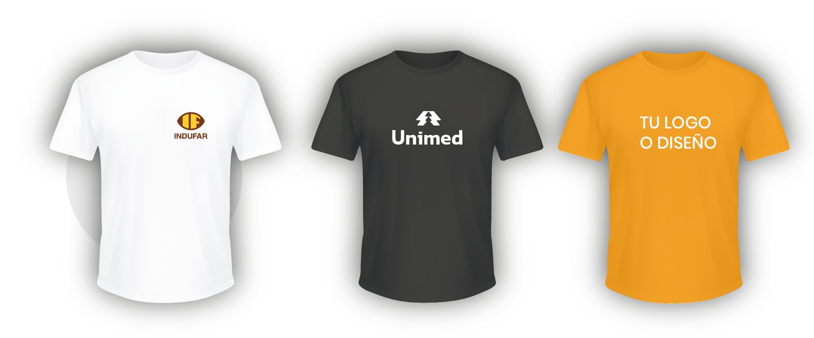 Tres remeras personalizadas con logo: blanca, negra y naranja